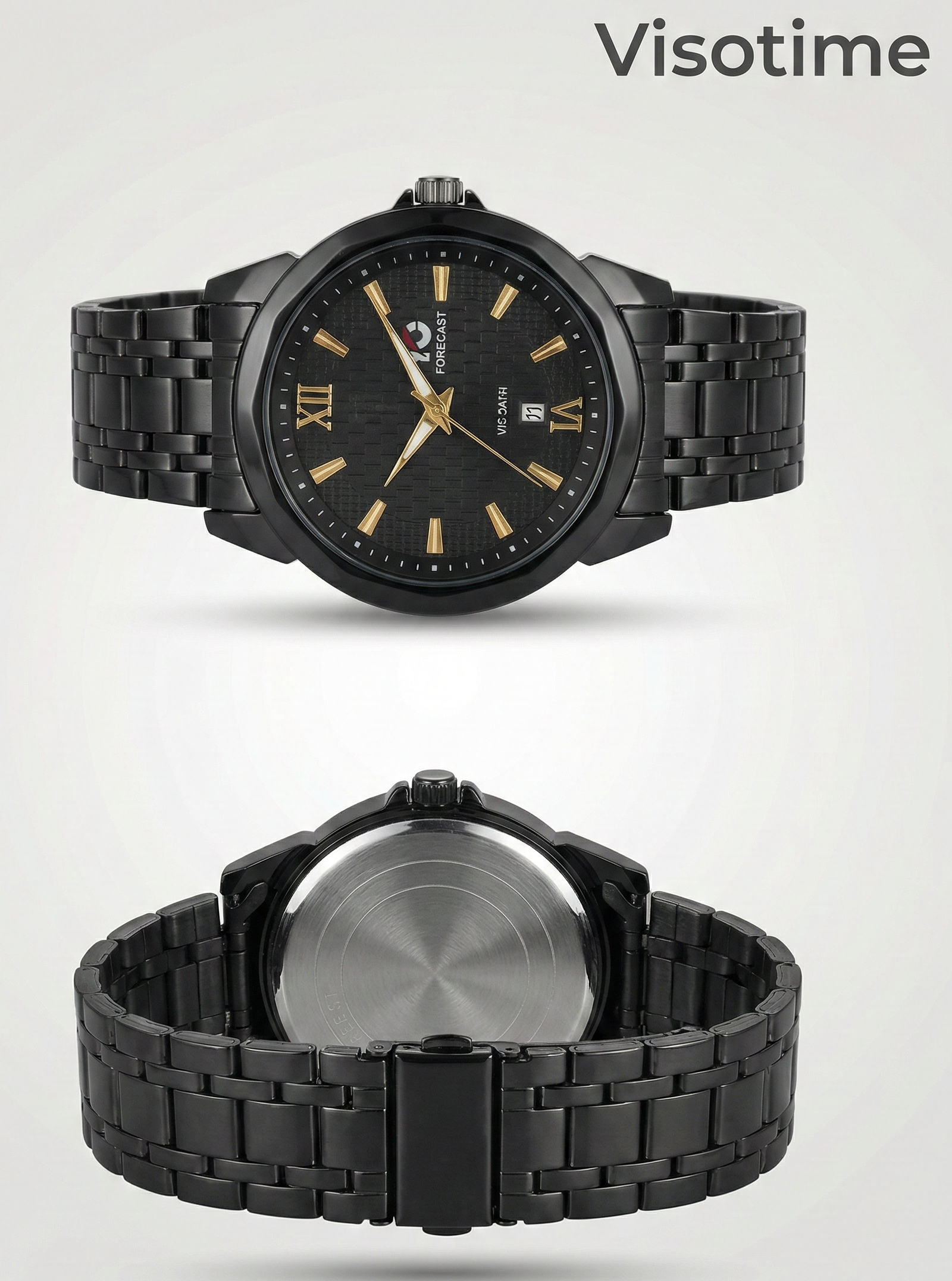 Forecast Men's Black Metal Watch with Gold Accents and Date Display