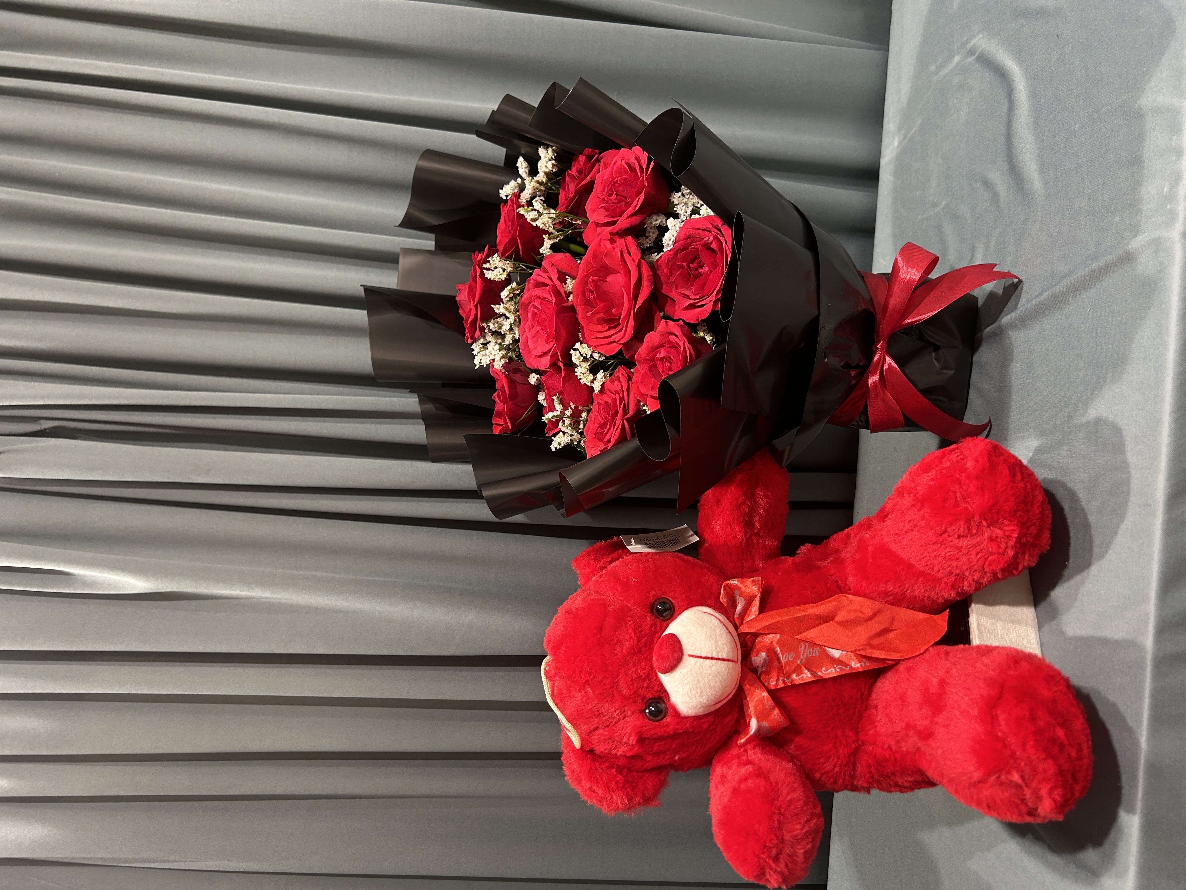 RED TEDDY WITH RED FLOWERS