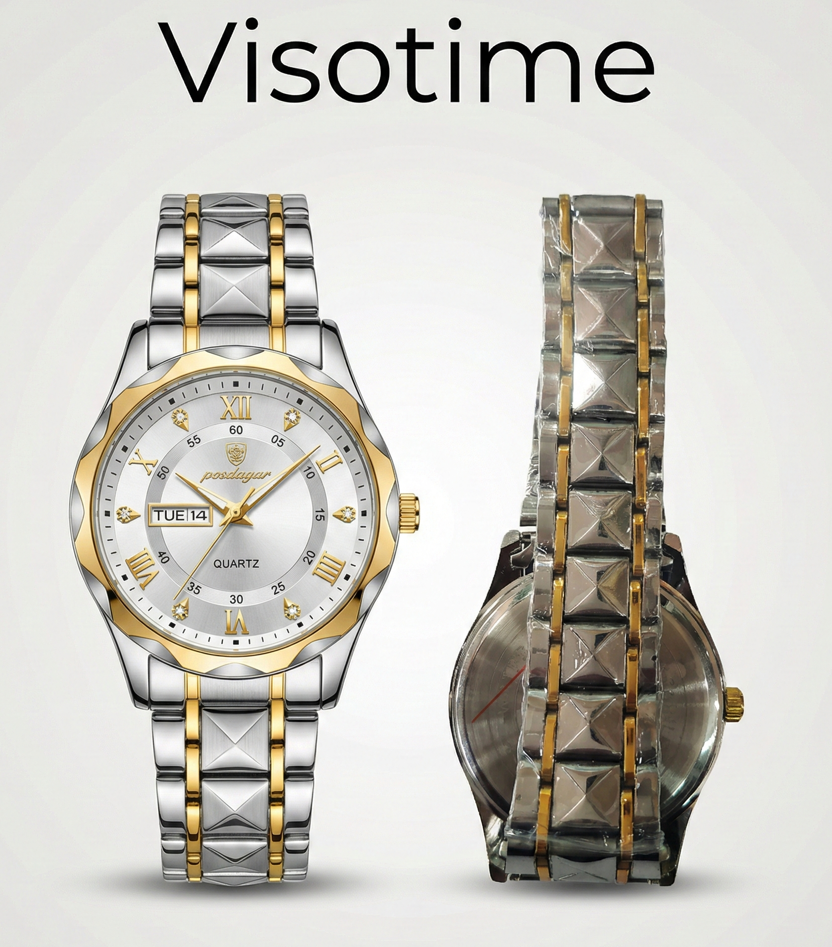 Posdagar Two-Tone Quartz Watch with Day & Date Display