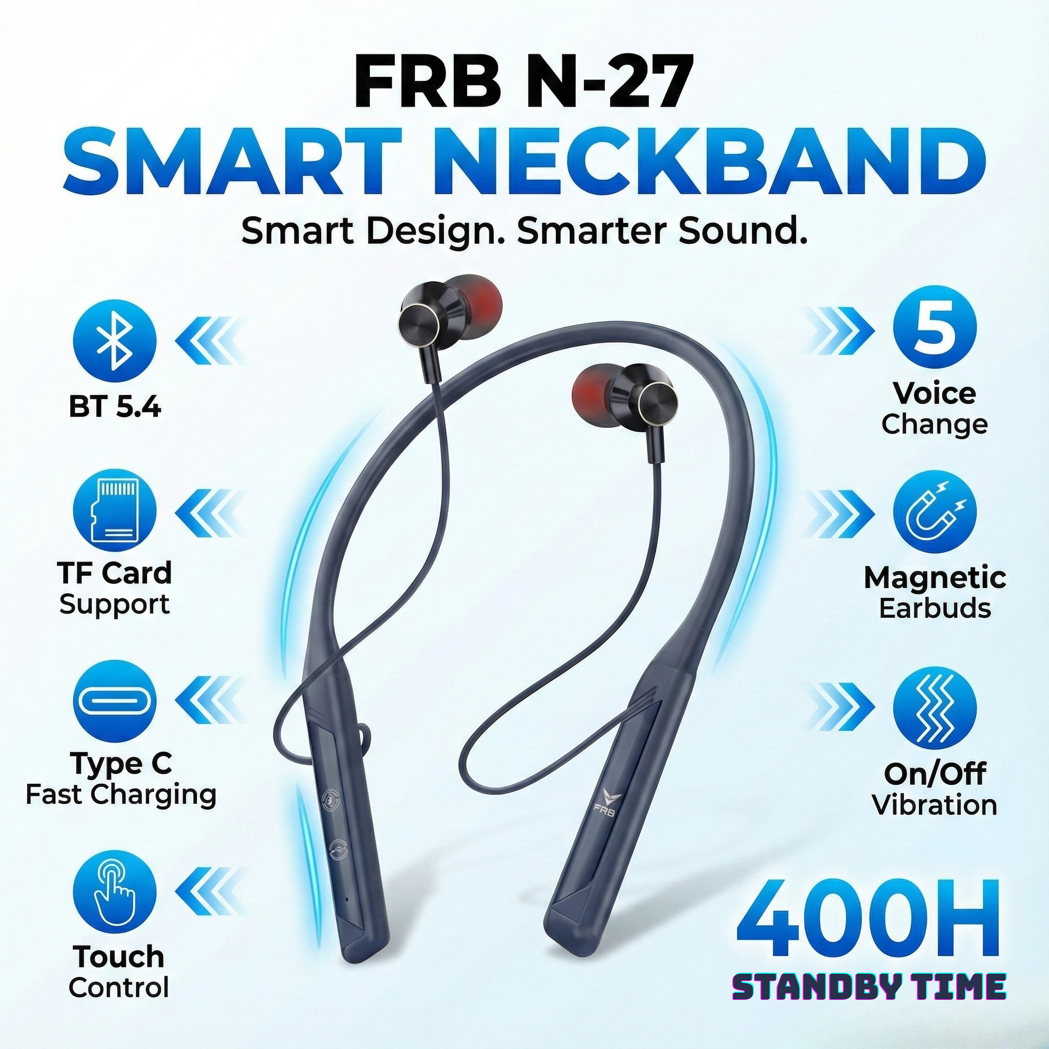 FRB N-27 Smart Neckband - BT 5.4, 400H Standby, Voice Changer