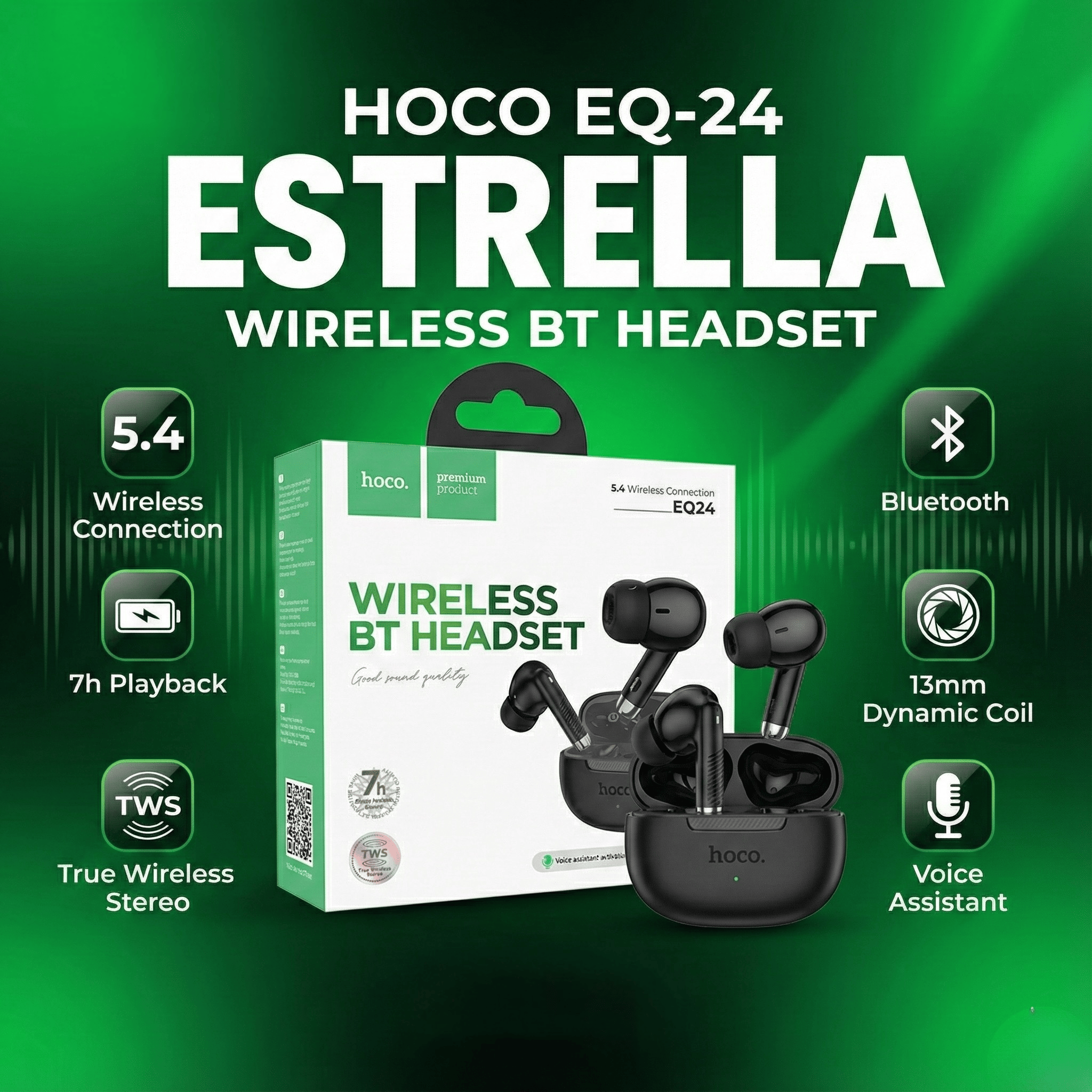 HOCO EQ-24 Estrella TWS Earbuds – Bluetooth 5.4 Wireless Headphones with 13mm Dynamic Drivers & 7H Battery