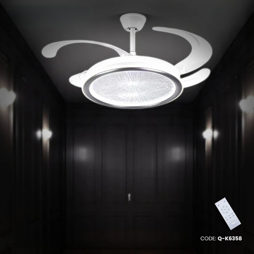 Qulik 48" Modern Chandelier Retractable Invisible Blade Silent 3 Color Change LED Remote Ceiling Fan (White) | Q-K6358