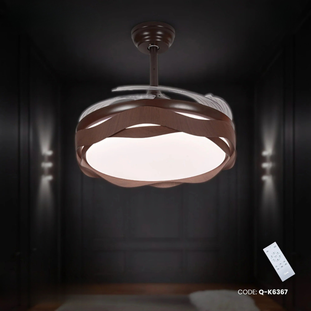 Qulik 48" Modern Chandelier Retractable Invisible Blade Silent 3 Color Change LED Remote Ceiling Fan (Wooden) | Q-K6367