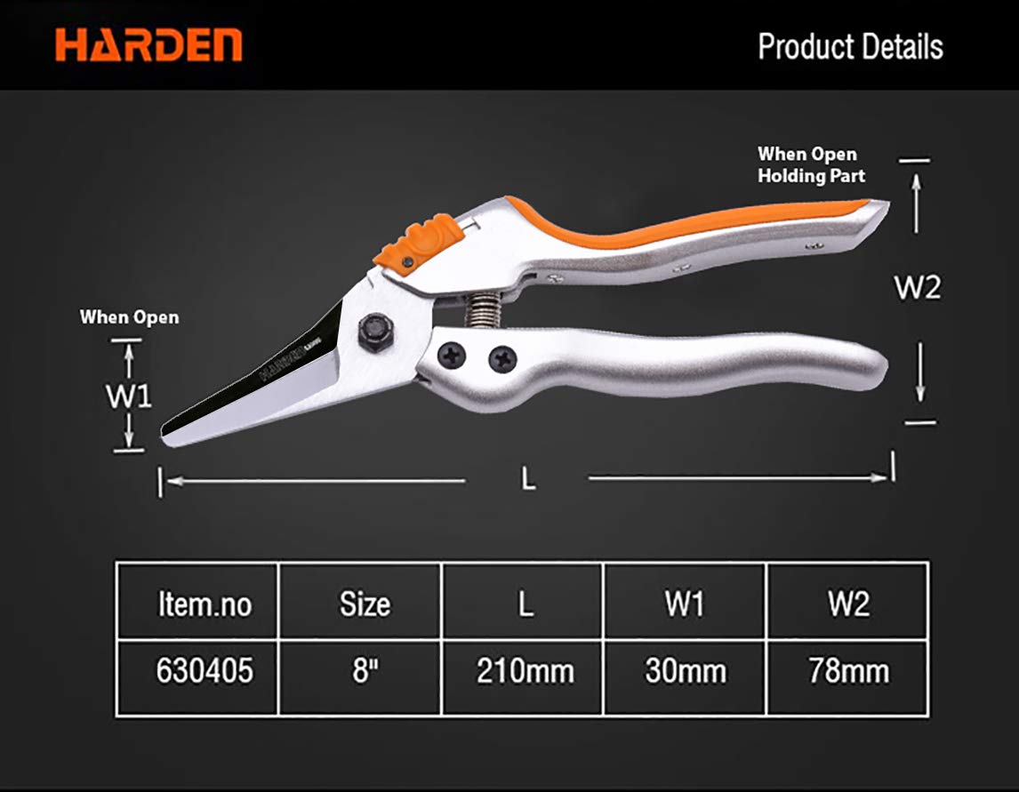 HARDEN 8" Professional Garden Pruner, Forged of SK5 Steel, Comfortable TPR Handle, Large Spring & Plastic Lock, Anti-Touch Design; 630405_img_1