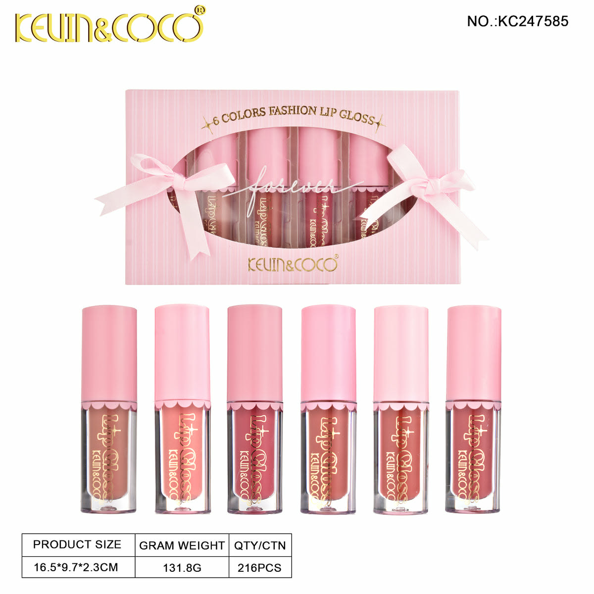 KEVIN&COCO 6-color fashion lip gloss set.Bowknot Matte Nonsticky Lipgloss DISPLAY SET - 6 PCS_img_1