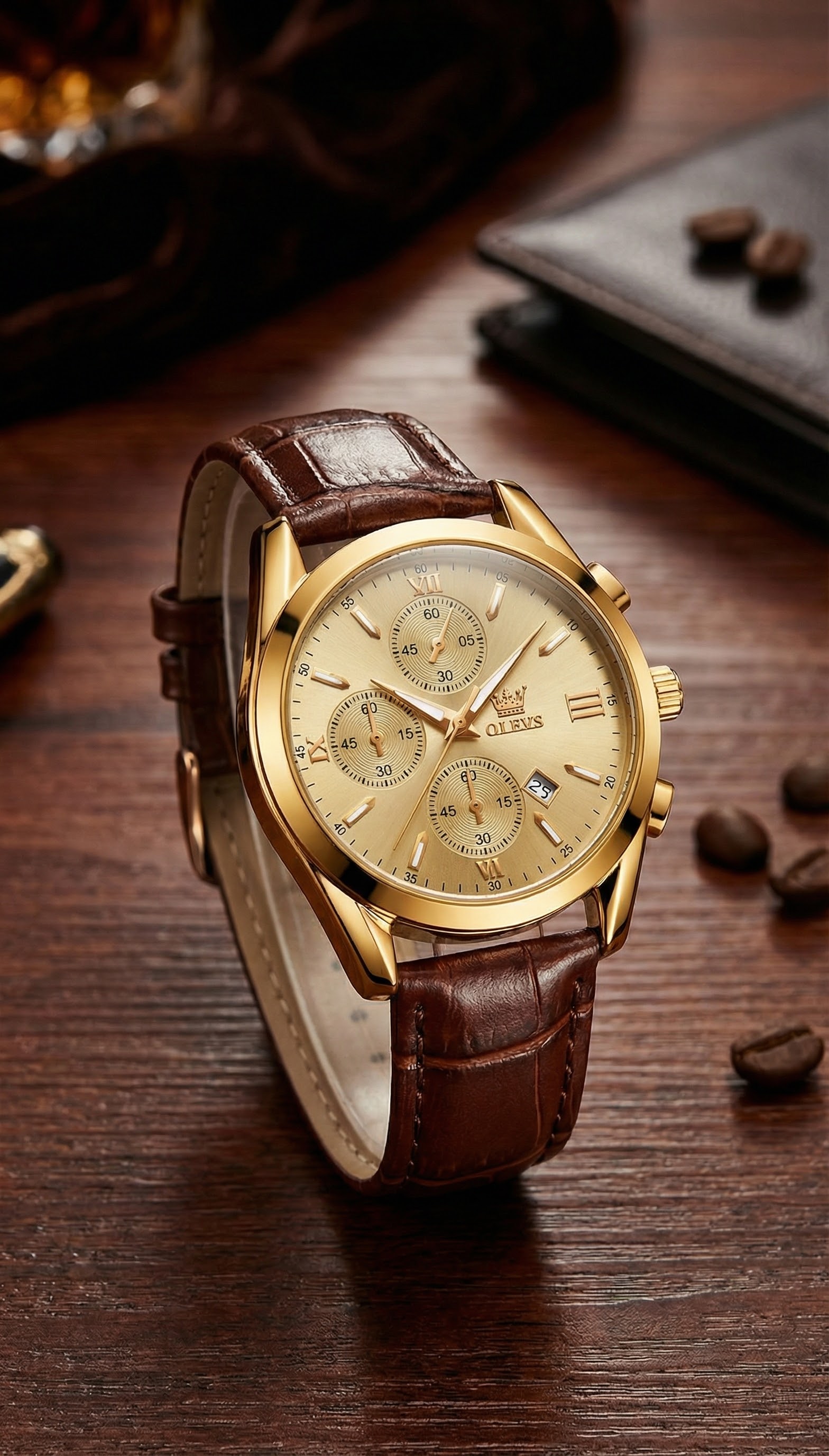 Olevs Luxury Top Quality Luxury Leather Analog quartz fashionable watch for men_img_3