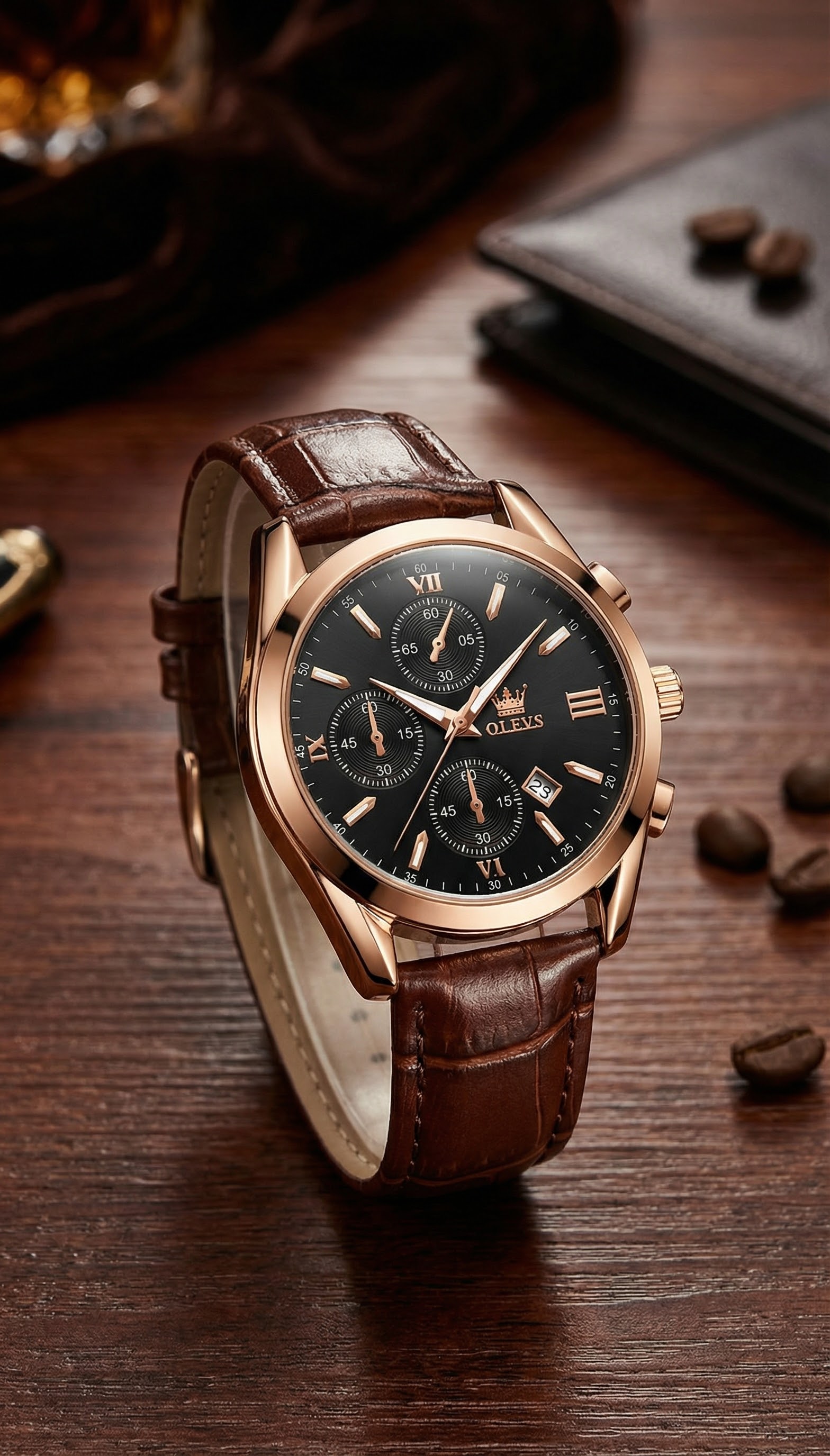 Olevs Luxury Top Quality Luxury Leather Analog quartz fashionable watch for men_img_4