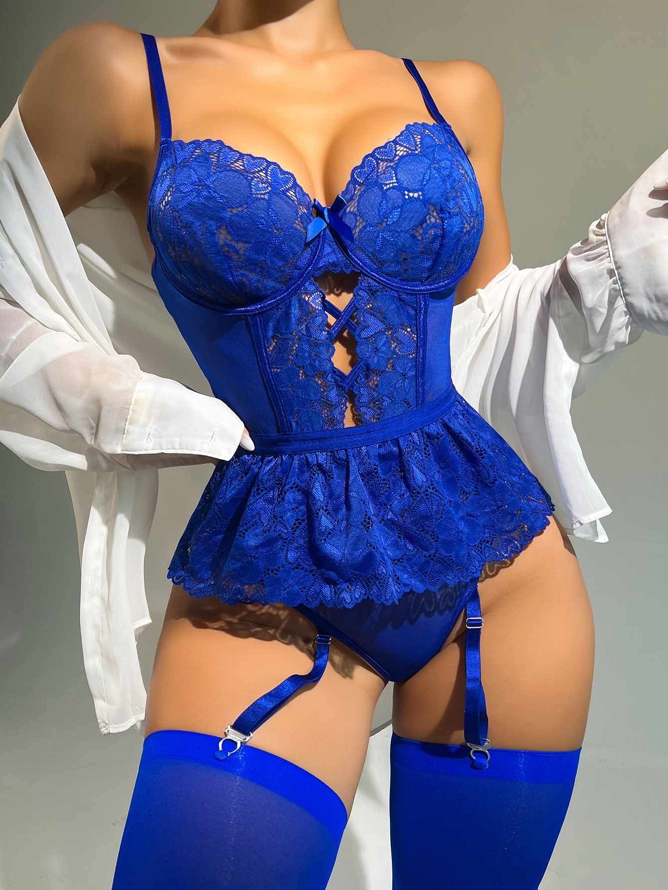 Lace Bodysuit with Thigh-High Stockings - Image 19