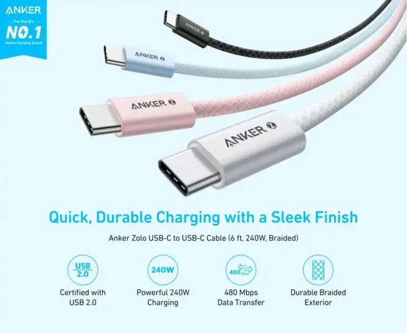 Anker PowerLine III / Zolo USB‑C to USB‑C High‑Speed Cable (Various Lengths & Specs)_img_3