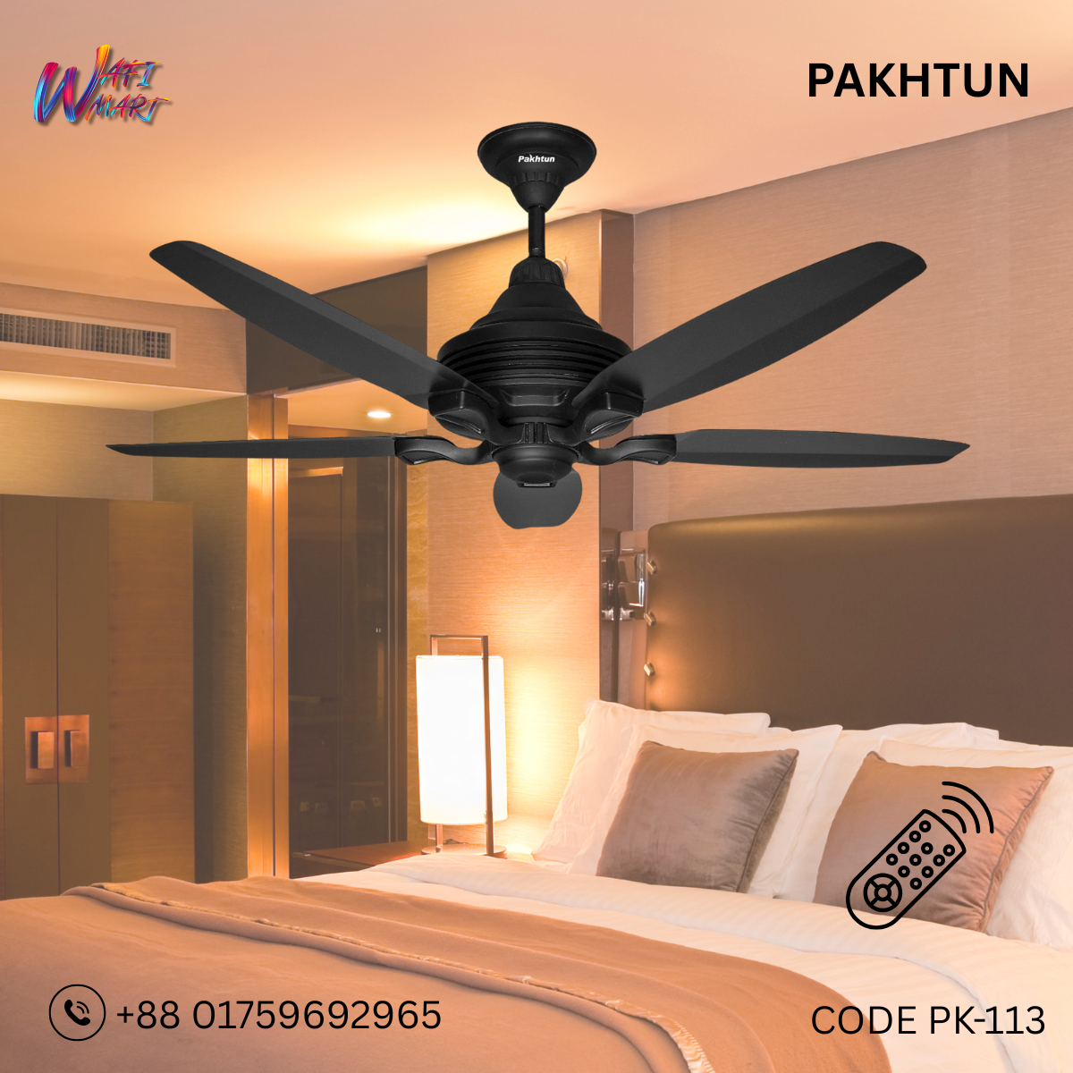 Pakhtun Penta 5- 56 inch BLDC Inverter Remote Control Ceiling Fan ( Black) | PK-113