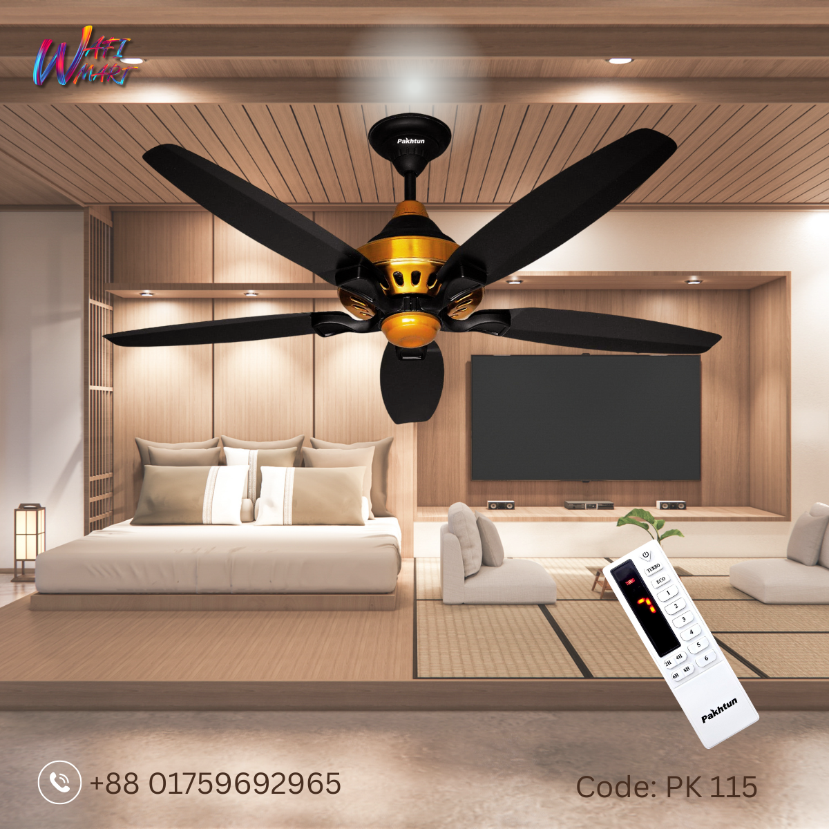 Pakhtun Penta-10 56-inch BLDC Inverter Remote Control Ceiling Fan (Black-Gold) | PK-115