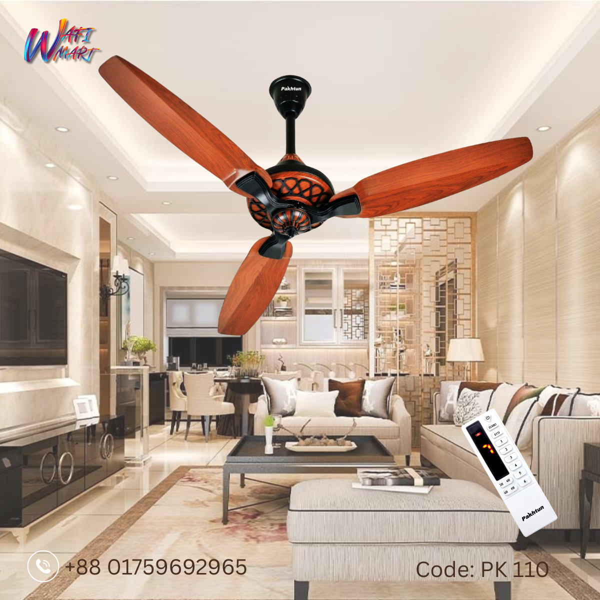 Pakhtun Pasha Premium - 52 inch BLDC Inverter Remote Control Ceiling Fan (Dark Wood) | PK-110