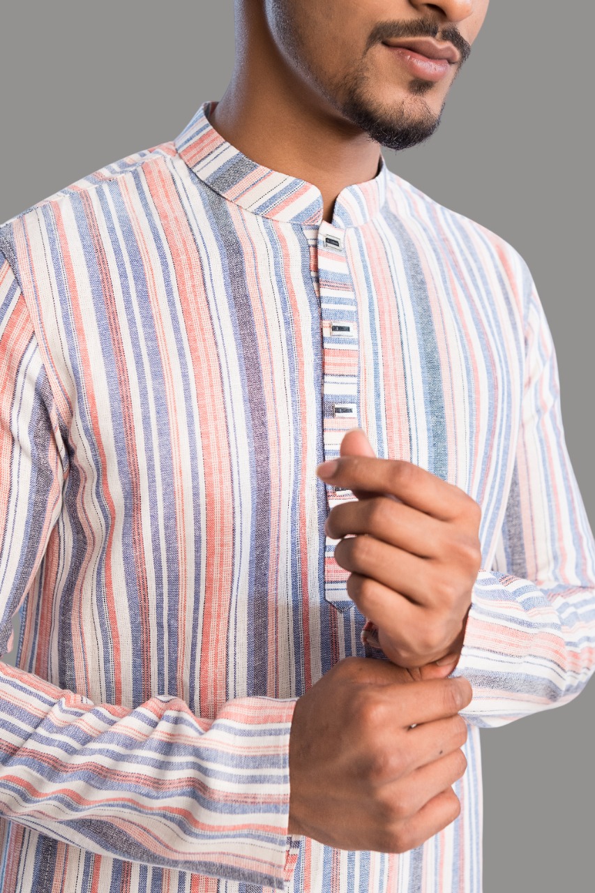 Men's Classic Striped Semi-Khadi Cotton Panjabi (PJB-003)
