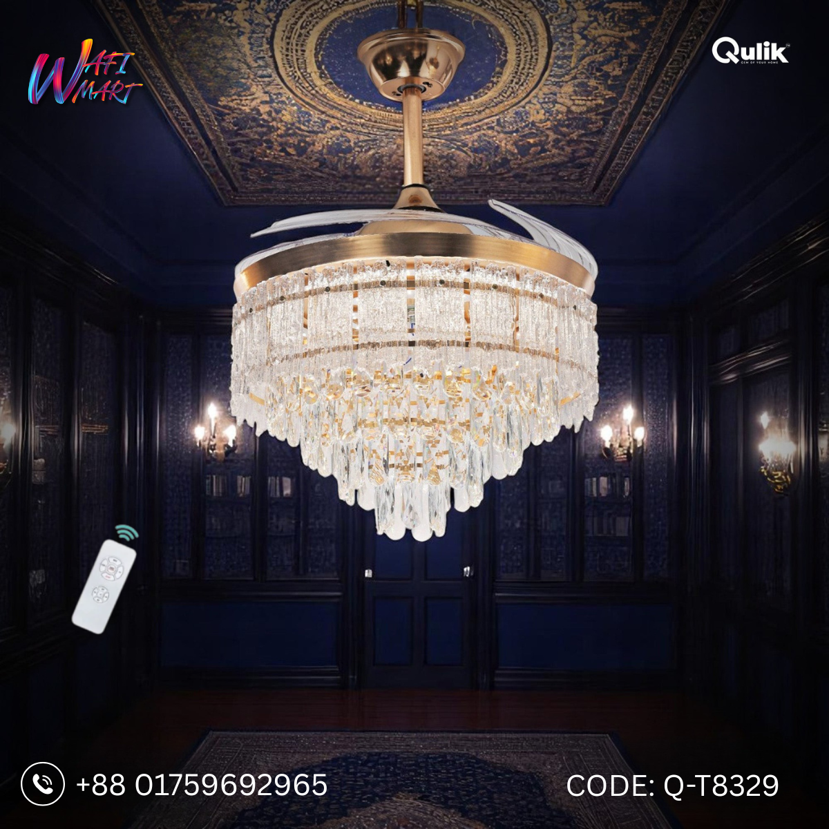Qulik 48" Crystal Chandelier Retractable Invisible Blade Silent 3 Color Change LED Remote Ceiling Fan (Golden) | Q-T8329