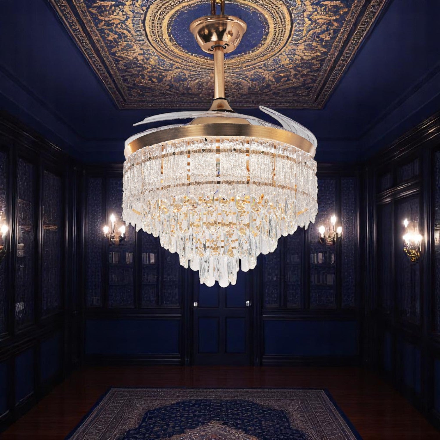 Qulik 48" Crystal Chandelier Retractable Invisible Blade Silent 3 Color Change LED Remote Ceiling Fan (Golden) | Q-T8329_img_1