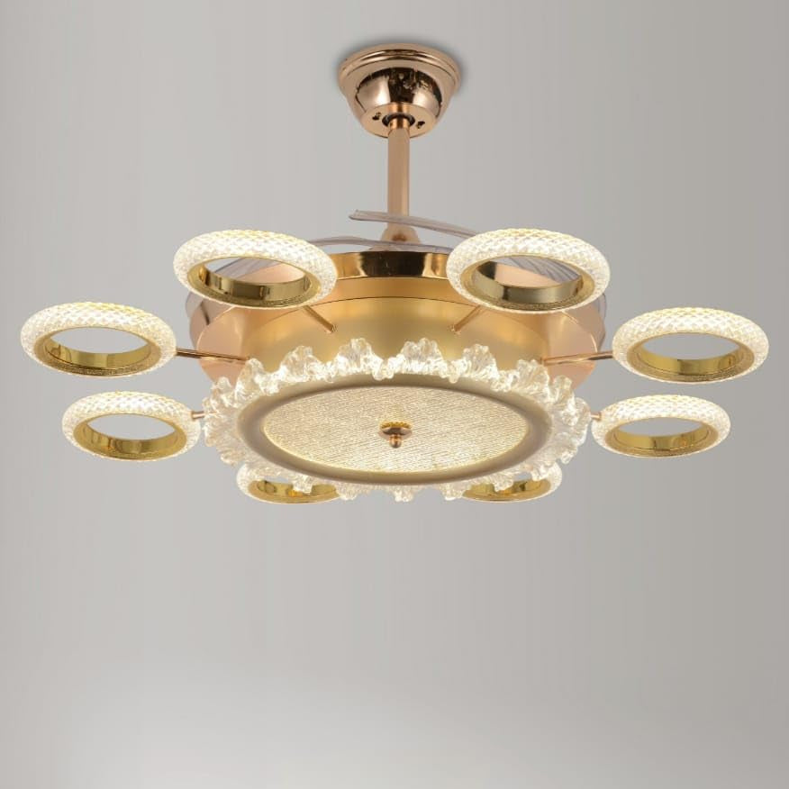 Qulik 48" Modern Chandelier Retractable Invisible Blade Silent 3 Color Change LED Remote Ceiling Fan (Golden) | Q-K6385_img_1