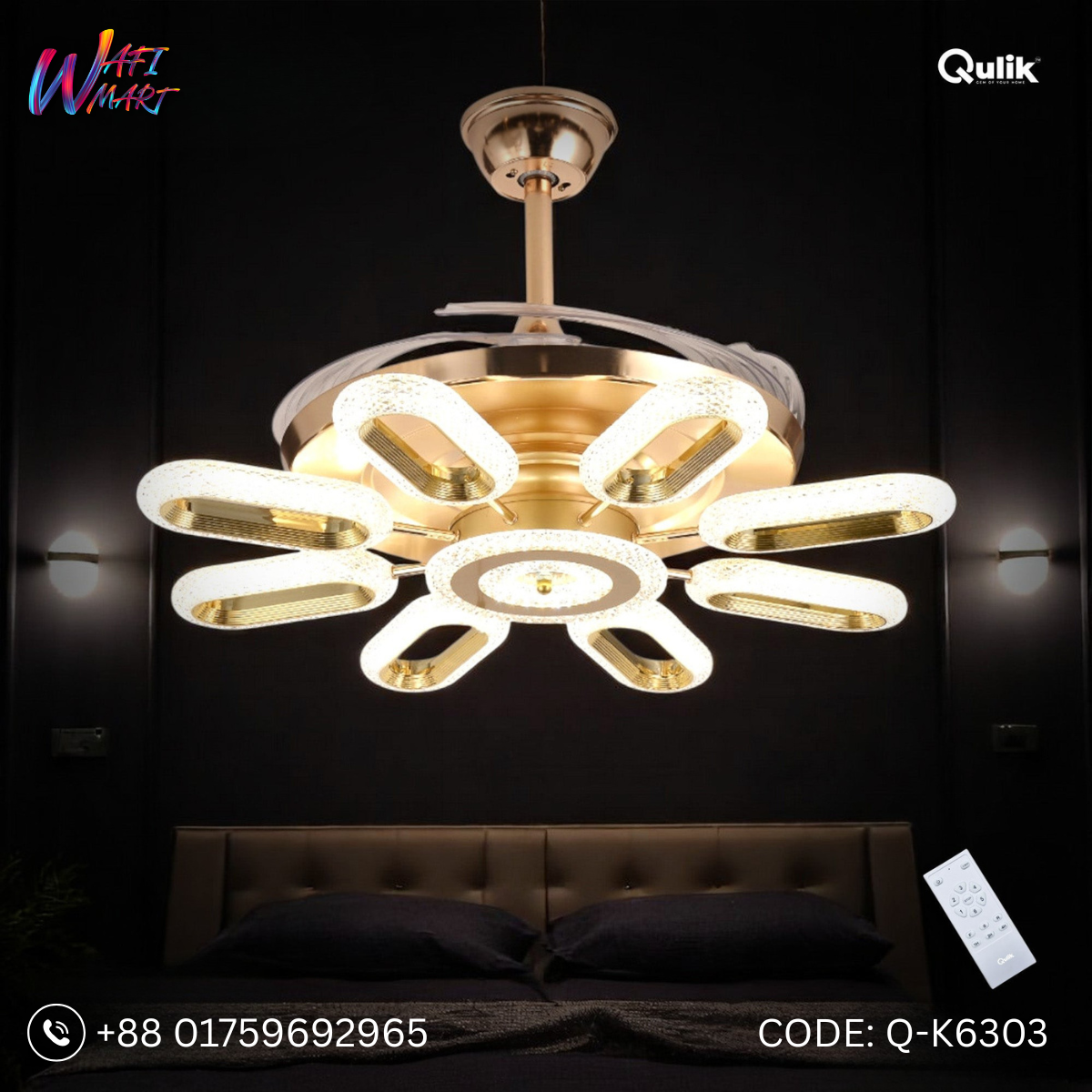 Qulik 48" Modern Chandelier Retractable Invisible Blade Silent 3 Color Change LED Remote Ceiling Fan (Golden) | Q-K6303