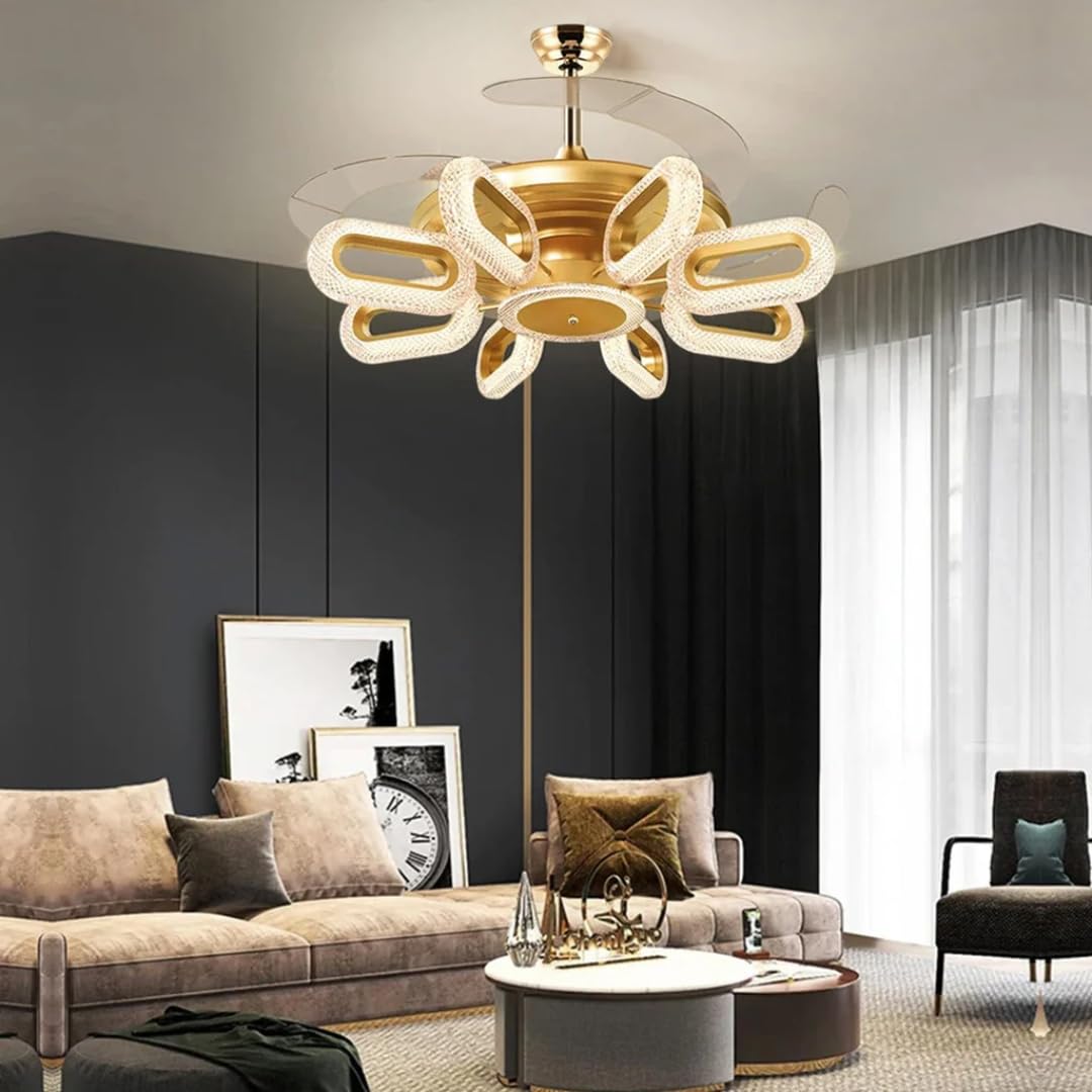 Qulik 48" Modern Chandelier Retractable Invisible Blade Silent 3 Color Change LED Remote Ceiling Fan (Golden) | Q-K6303_img_1