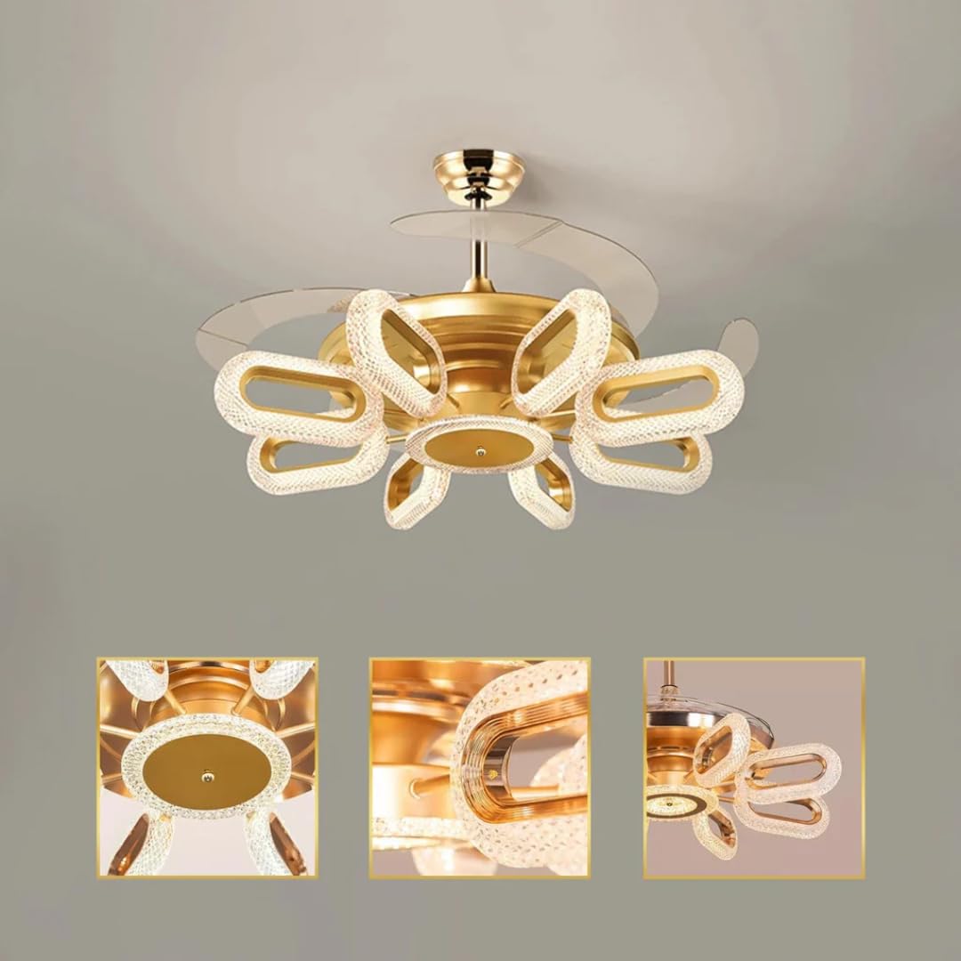 Qulik 48" Modern Chandelier Retractable Invisible Blade Silent 3 Color Change LED Remote Ceiling Fan (Golden) | Q-K6303_img_2