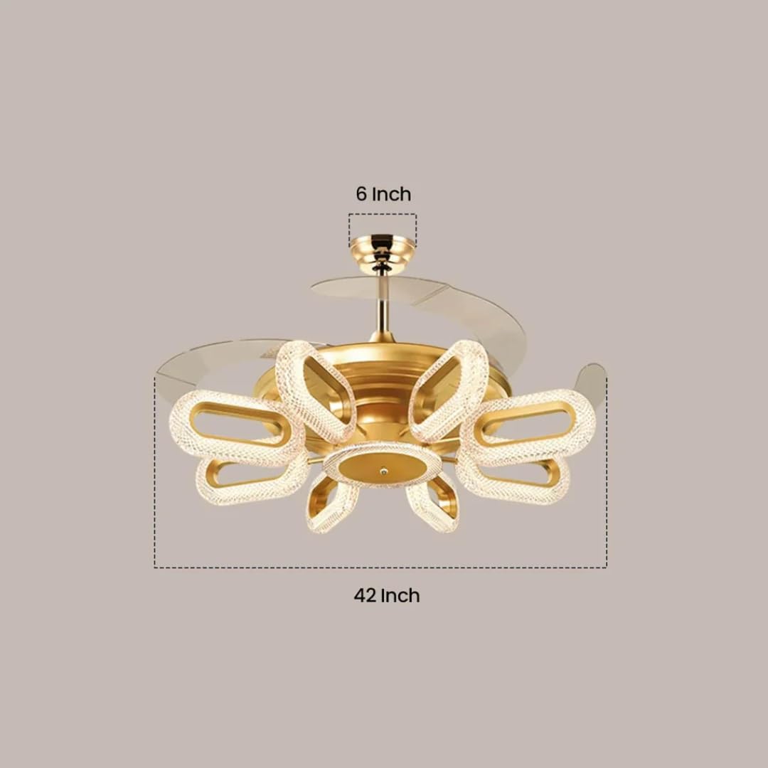 Qulik 48" Modern Chandelier Retractable Invisible Blade Silent 3 Color Change LED Remote Ceiling Fan (Golden) | Q-K6303_img_3