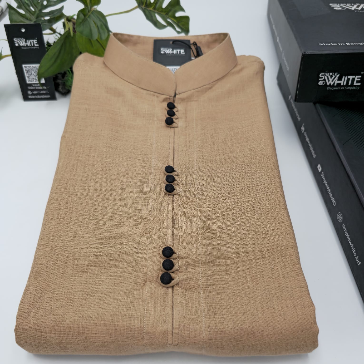 Men’s Golden Beige Panjabi with Black Buttons – Minimalist Traditional Wear by Simple White (Punjabi BDT 4,990 + Pajama BDT 2,500)