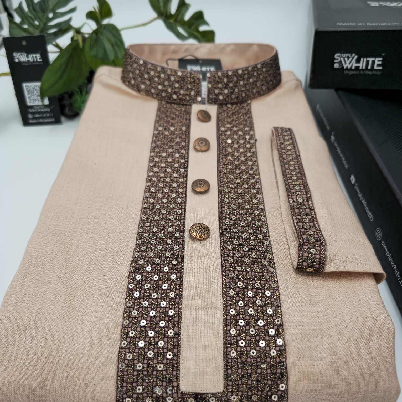 Men’s Beige Punjabi  with Brown Sequin Embellished Placket & Collar – Festive Ethnic Wear (Punjabi BDT 4,990 + Pajama BDT 2,500)_img_0