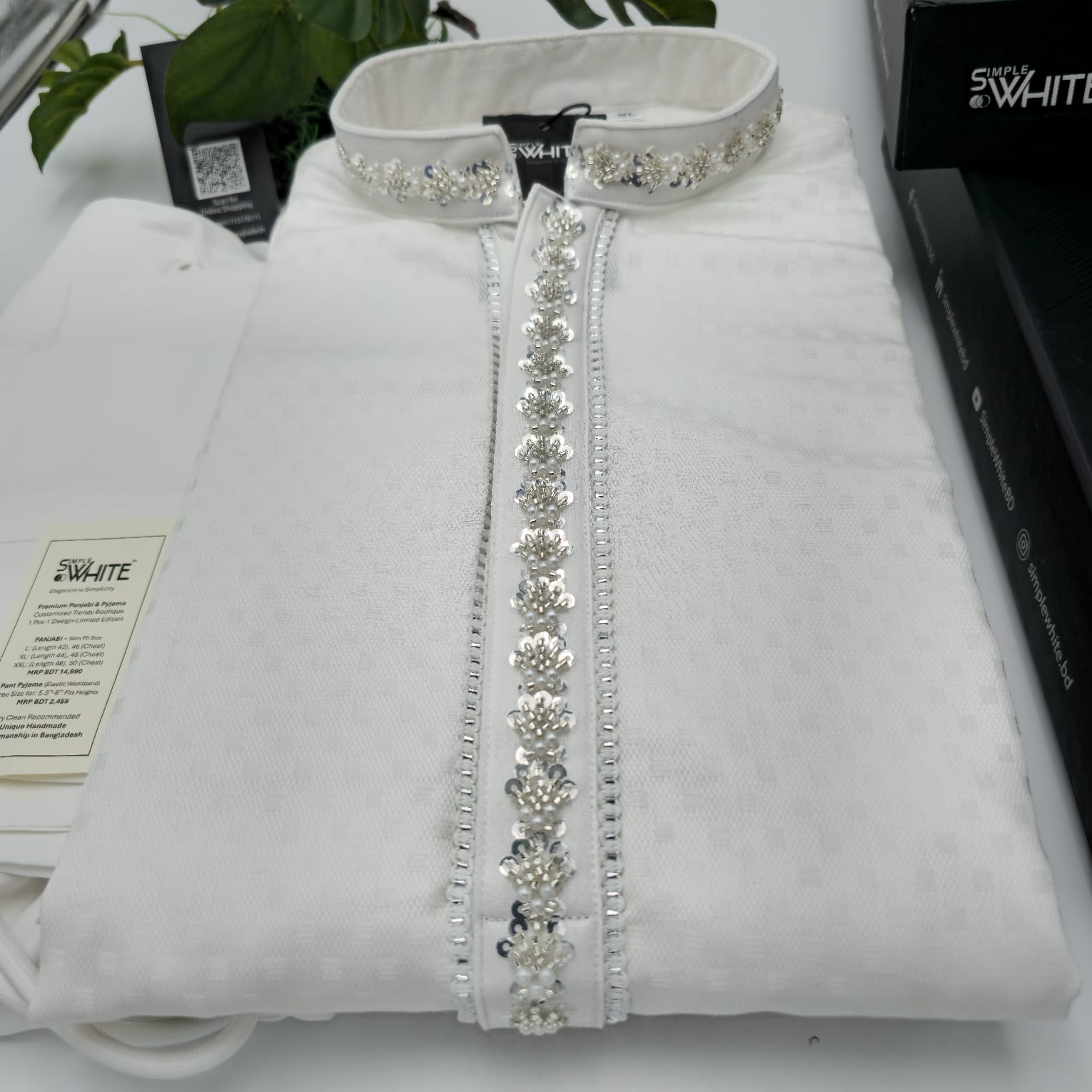 Luxury White punjabi with Crystal Embellished Collar and Button Placket (Punjabi BDT 4,990 + Pajama BDT 2,500)