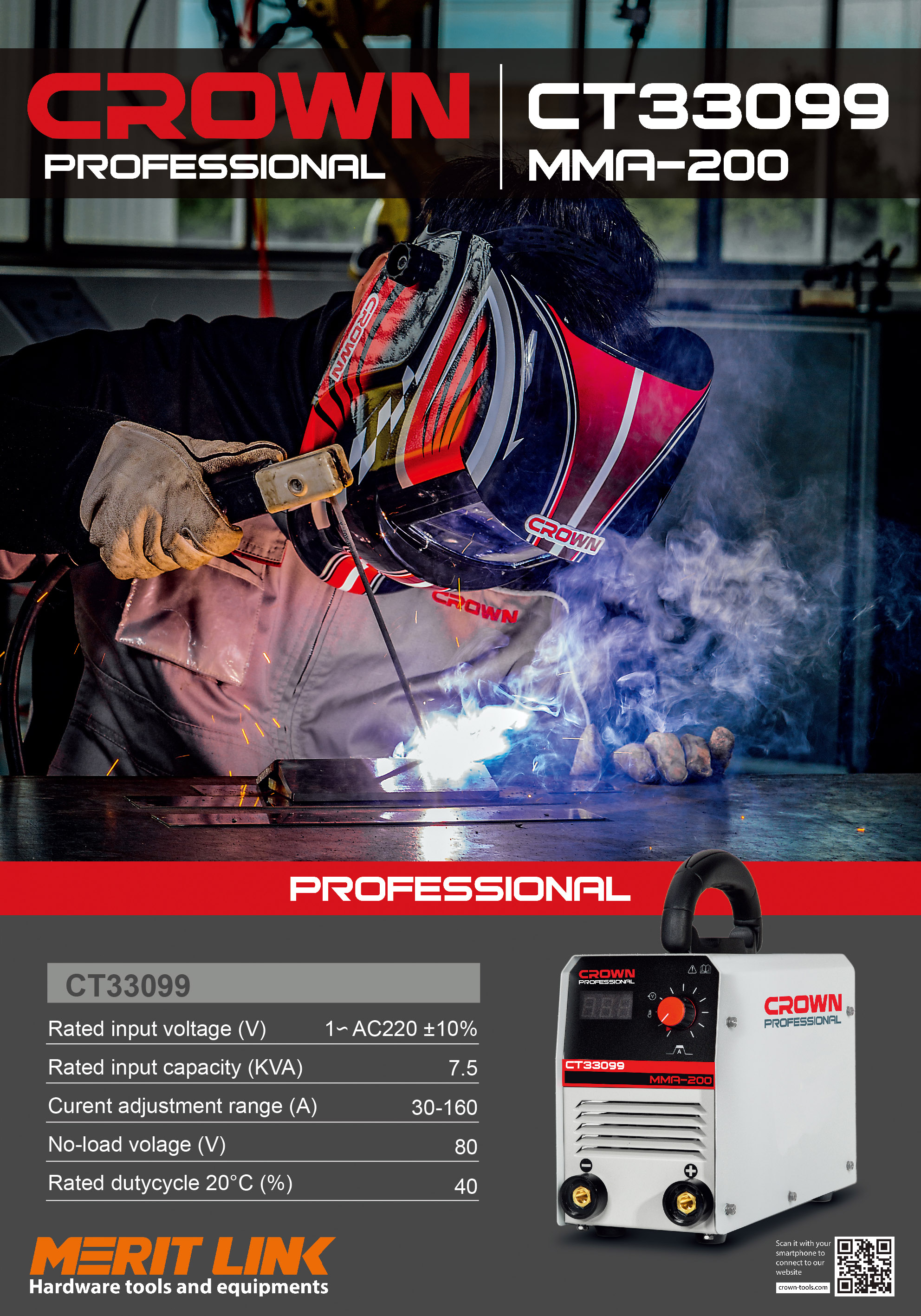 CROWN CT33099 Professional Inverter DC MMA Welding Machine, 160-265V, 30-160A, 2.5-4mm; CT33099_img_2