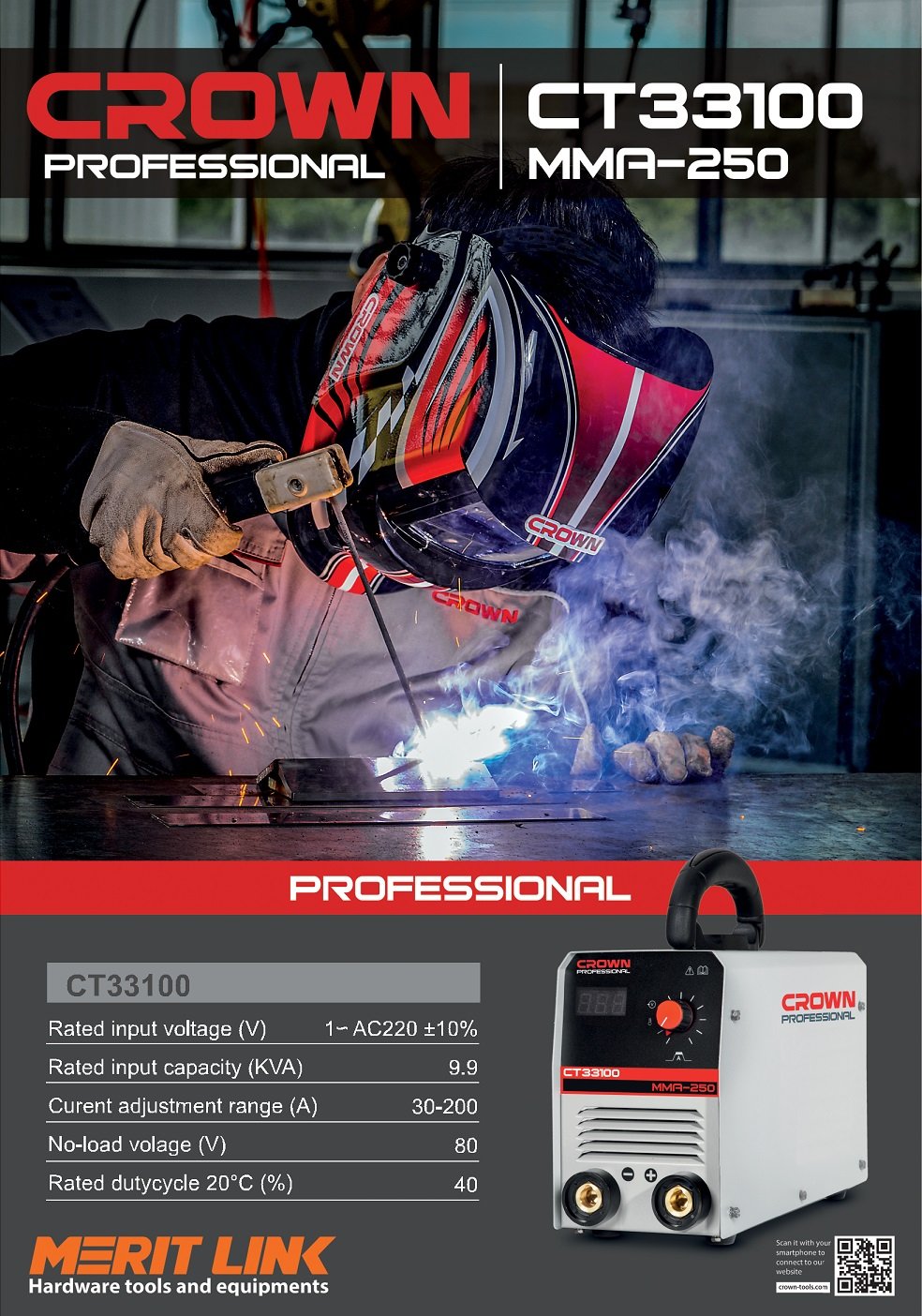 CROWN CT33100 Professional Inverter DC MMA Welding Machine, 160-265V, 30-200A, 2.5-4mm; CT33100_img_5