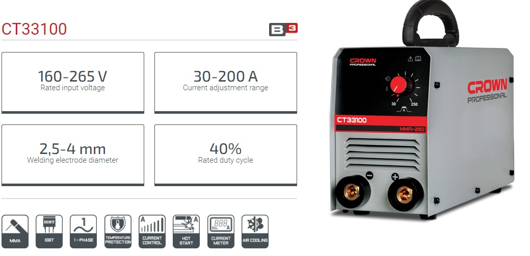 CROWN CT33100 Professional Inverter DC MMA Welding Machine, 160-265V, 30-200A, 2.5-4mm; CT33100_img_7