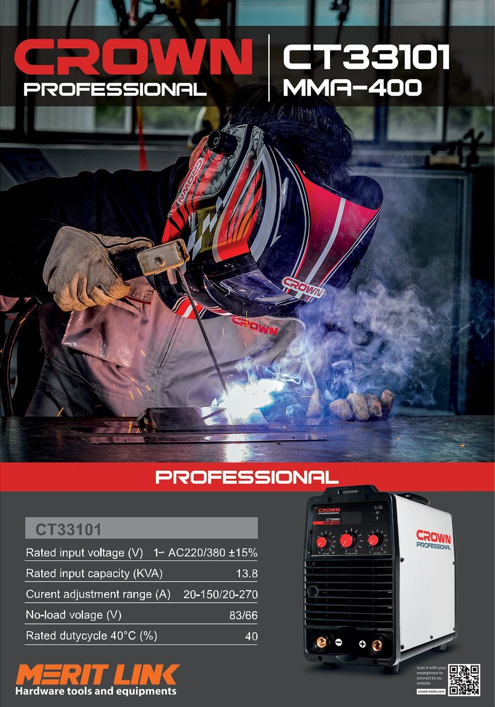 CROWN CT33101 Professional Inverter DC MMA Welding Machine, 130-560V, 20-270A, 2.5-5mm; CT33101_img_3