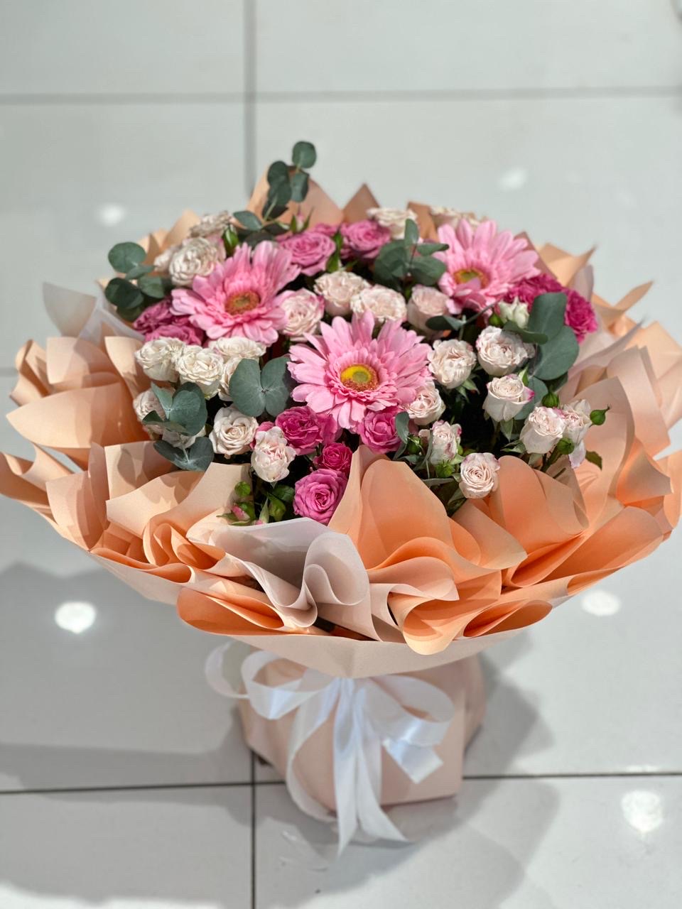 Pink lite with dark flowers stunning bouquet