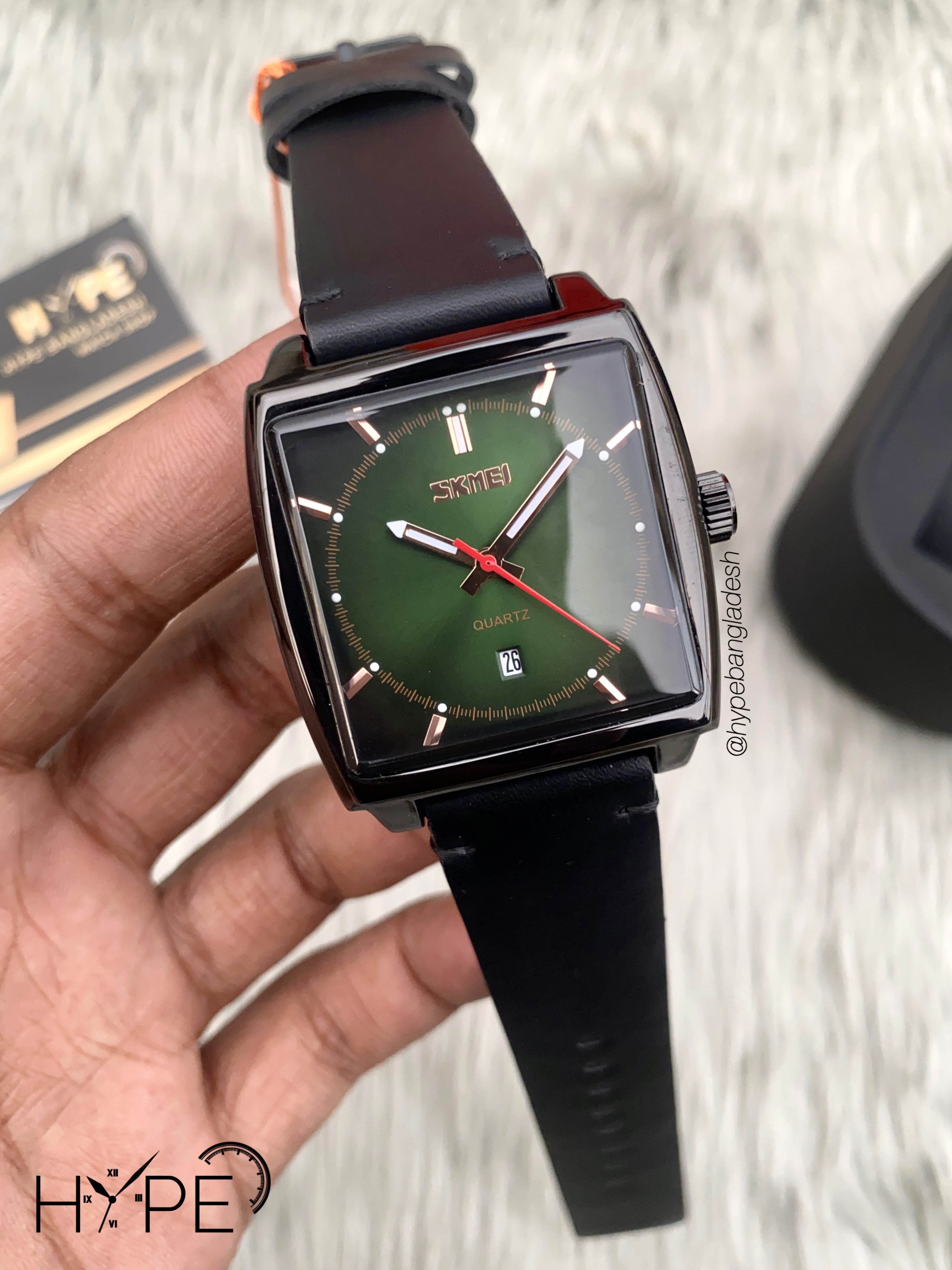 Skmei square dial leather belt (green)