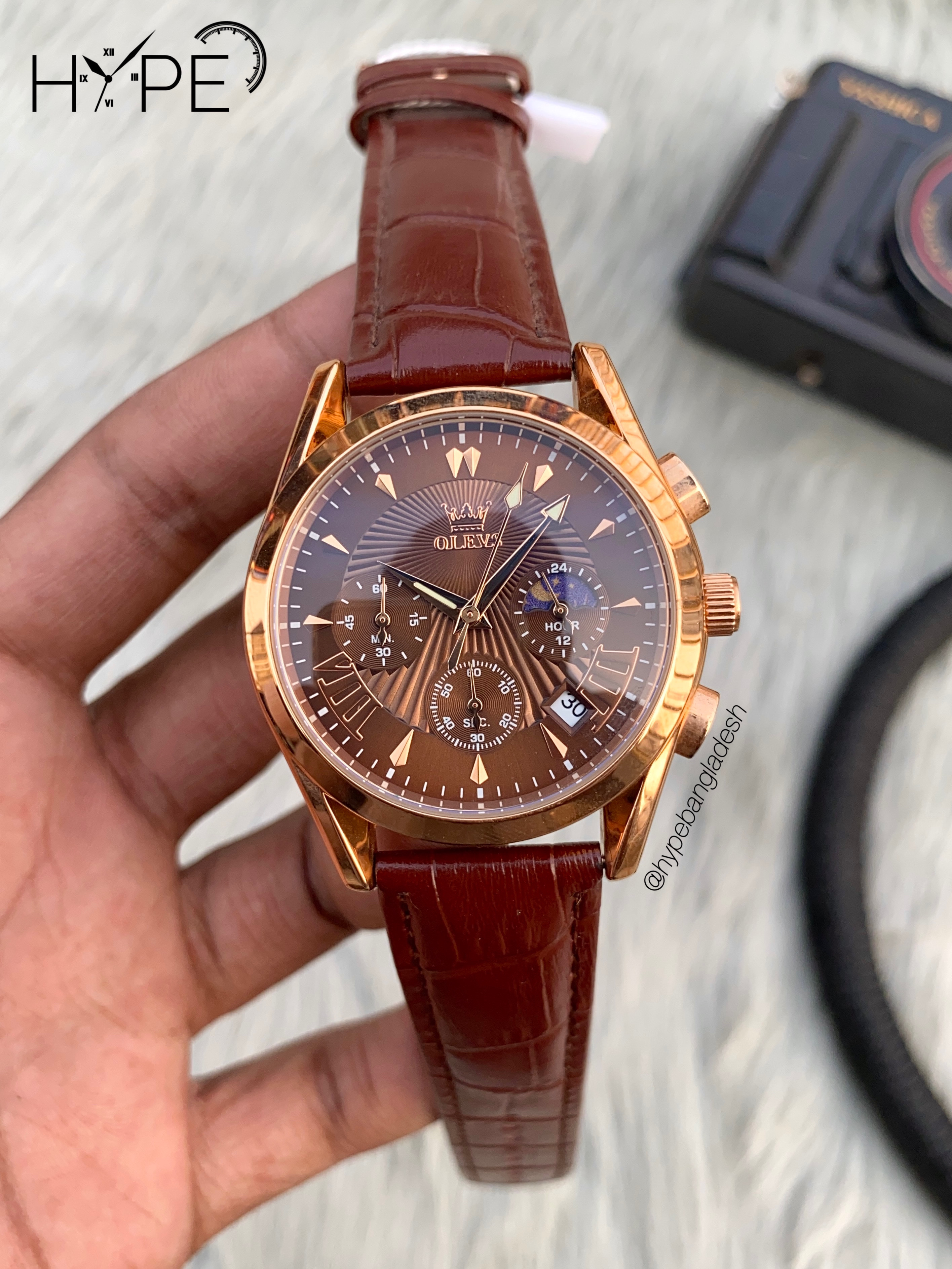 Olevs chronograph leather belt