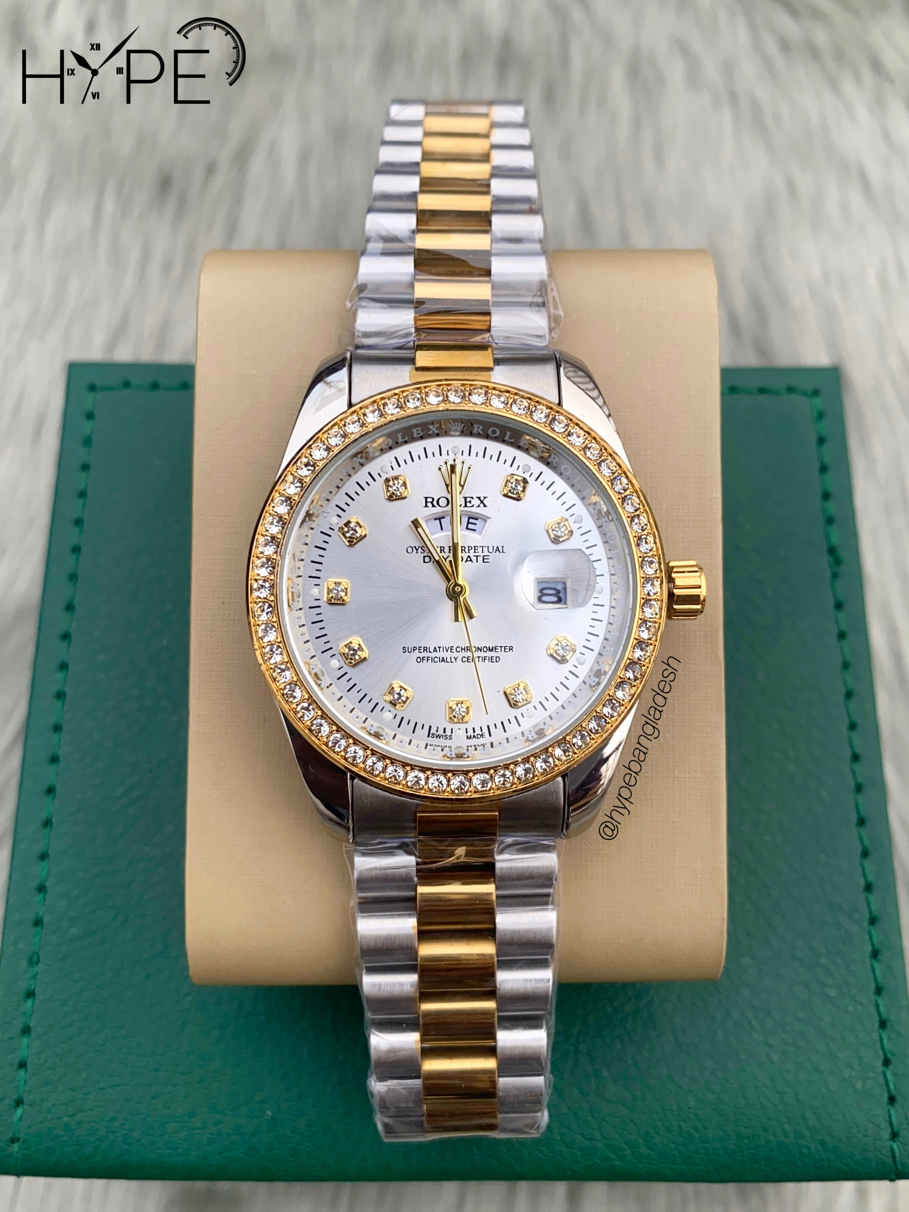 R0LEX DayDate stone bezel (White dial)
