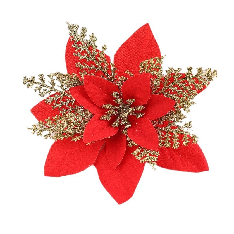 Red and gold glitter artificial poinsettia flower decoration