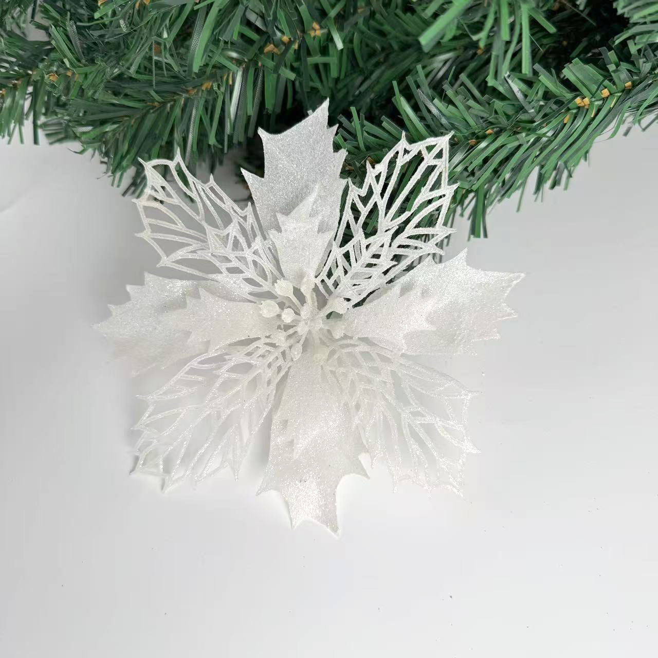 white glitter artificial poinsettia flower decoration