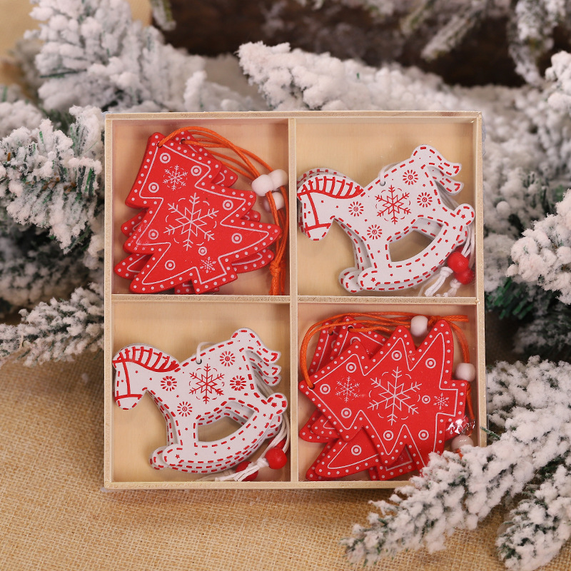 Set of red and white wooden Christmas ornaments