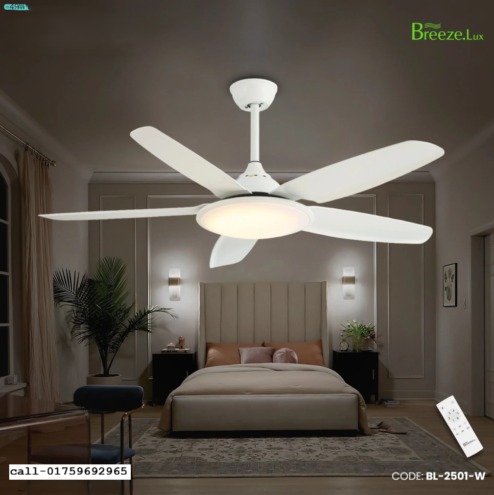 Breezelux 52" Modern Decorative Silent ABS Blade Underlight with Remote Ceiling Fan ( White) BL-2501-W_img_1