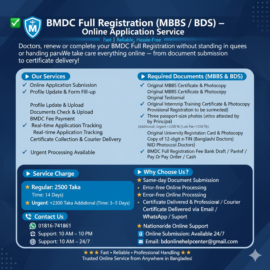 BMDC Full Registration (MBBS / BDS) – Online  Service