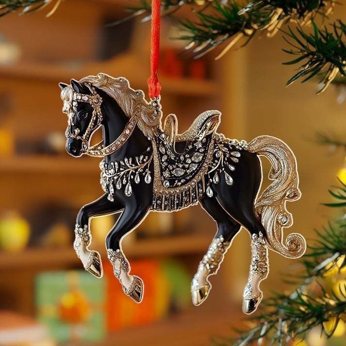2D acrylic black and gold jeweled horse Christmas ornament