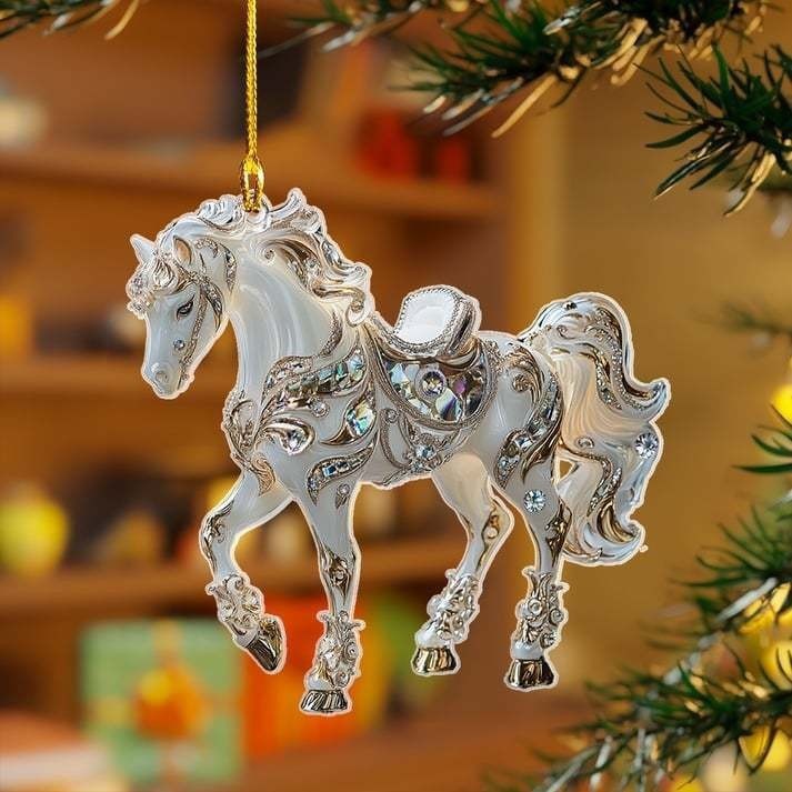 2D acrylic white and gold jeweled horse Christmas ornament