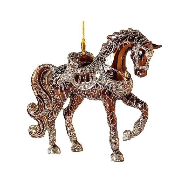 2D acrylic brown and gold jeweled horse Christmas ornament