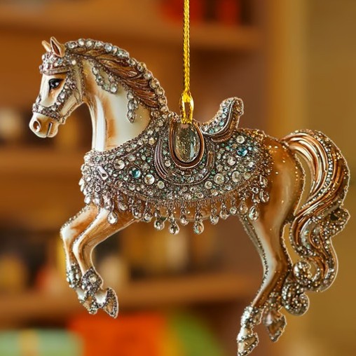2D acrylic beige and gold jeweled horse Christmas ornament