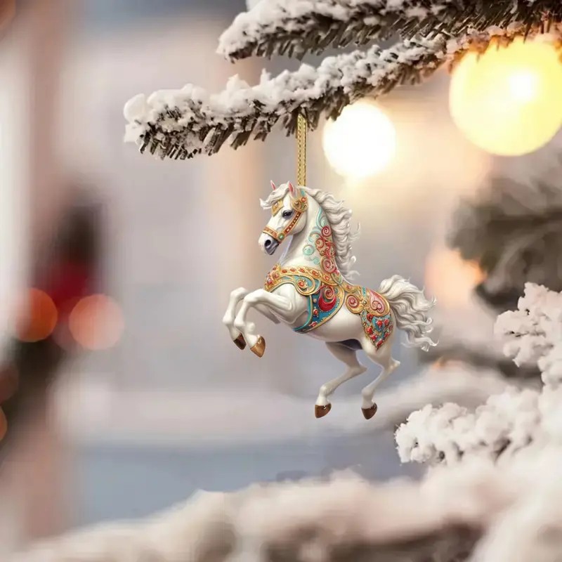 2D acrylic white and gold jeweled horse Christmas ornament