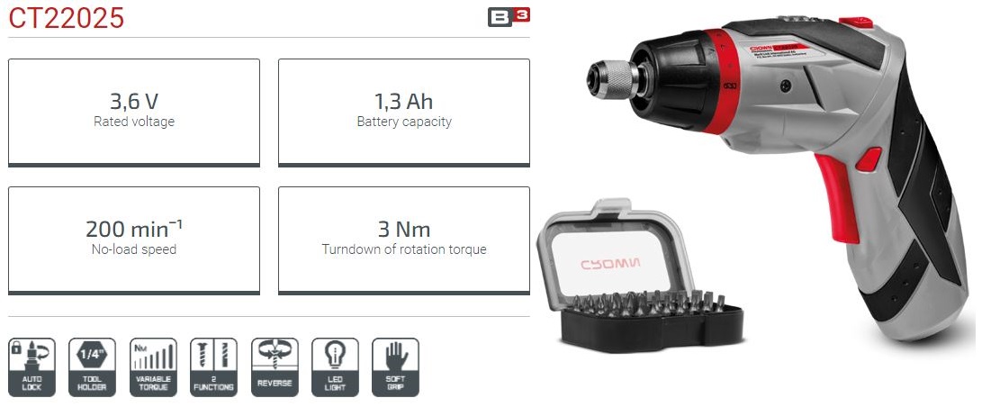 Crown CT22025, 3.6v Cordless Screwdriver with 31pcs bit set, 1.3Ah, Chuck : 6.35mm, Max. Torque: 3N.m, Model: CT22025_img_3