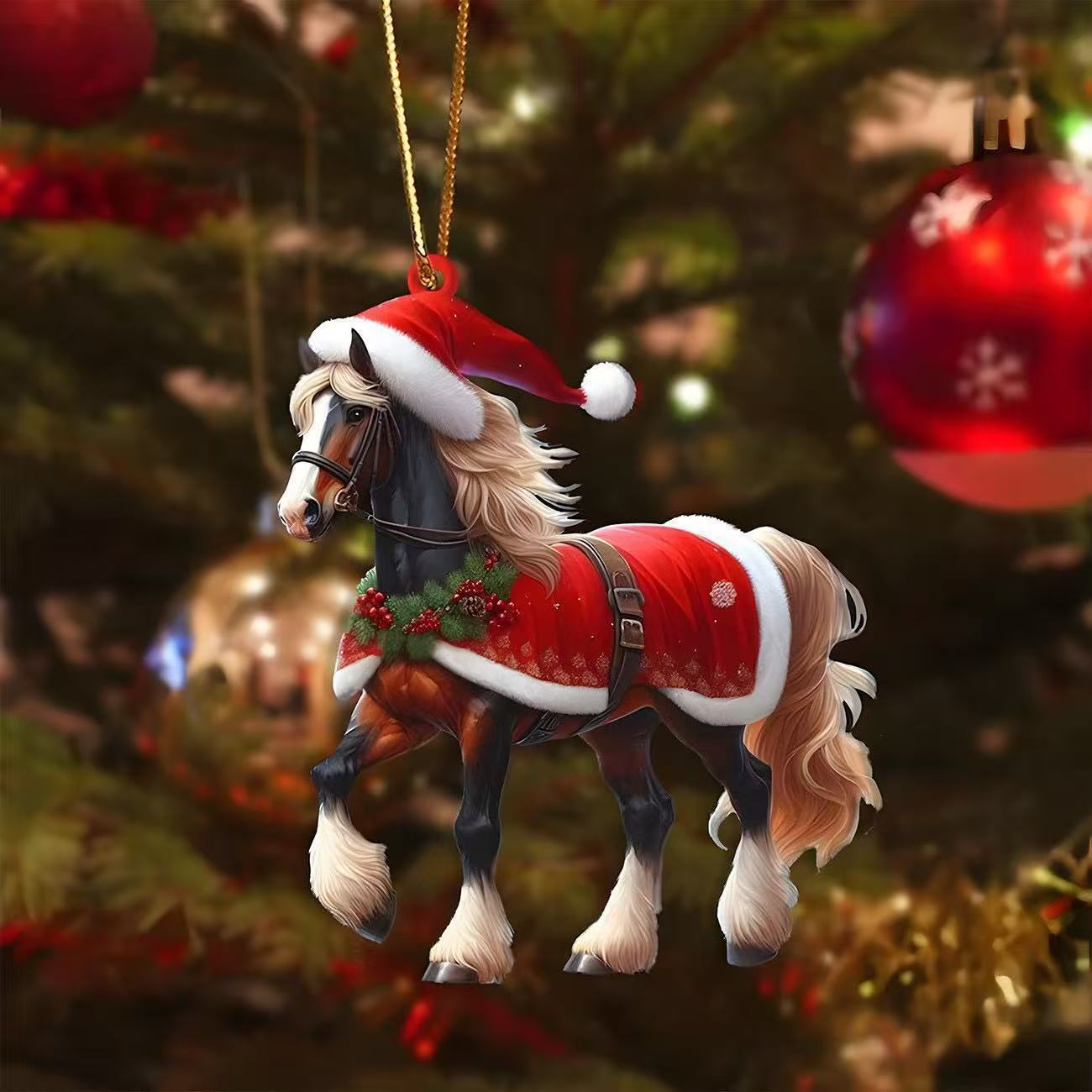 2D acrylic "Santa Hat and Blanket" horse Christmas ornament