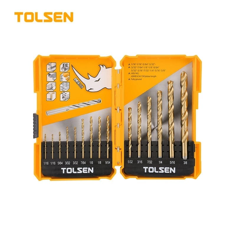 TOLSEN 75100 15pcs HSS M2 Fractional Jobber Length Drill Bits Set | 1/16" to 3/8" | 135° Split Point | Industrial Grade | Model: 75100