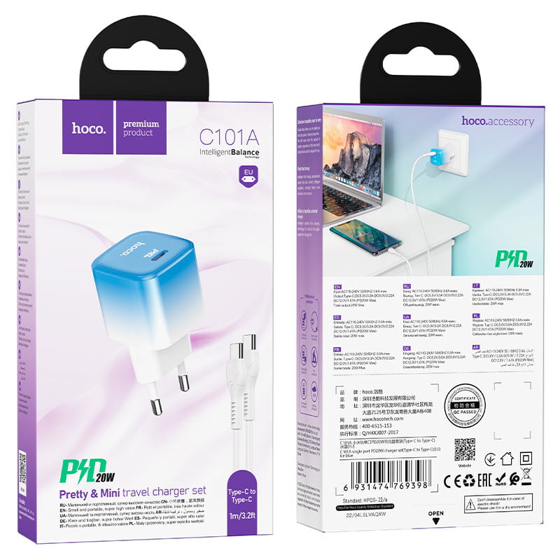 Hoco C101A PD 20W Fast Mini Travel Charger Adapter With Type C To Type C Cable_img_1