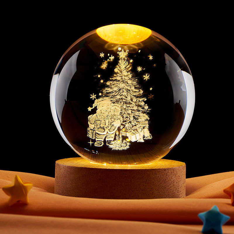 3D laser-engraved crystal ball night light with a wooden base